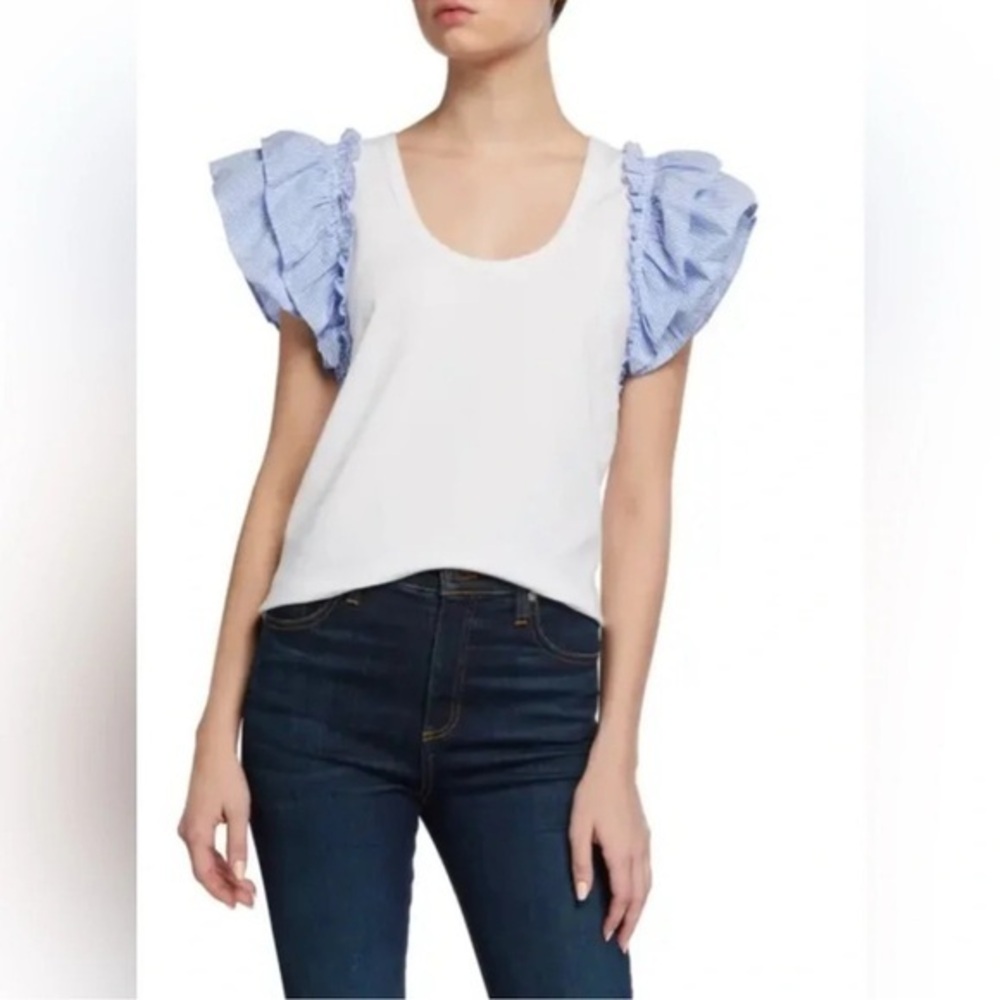 Veronica Beard Mirage Combo Top White Ruffle T Shirt Size XS